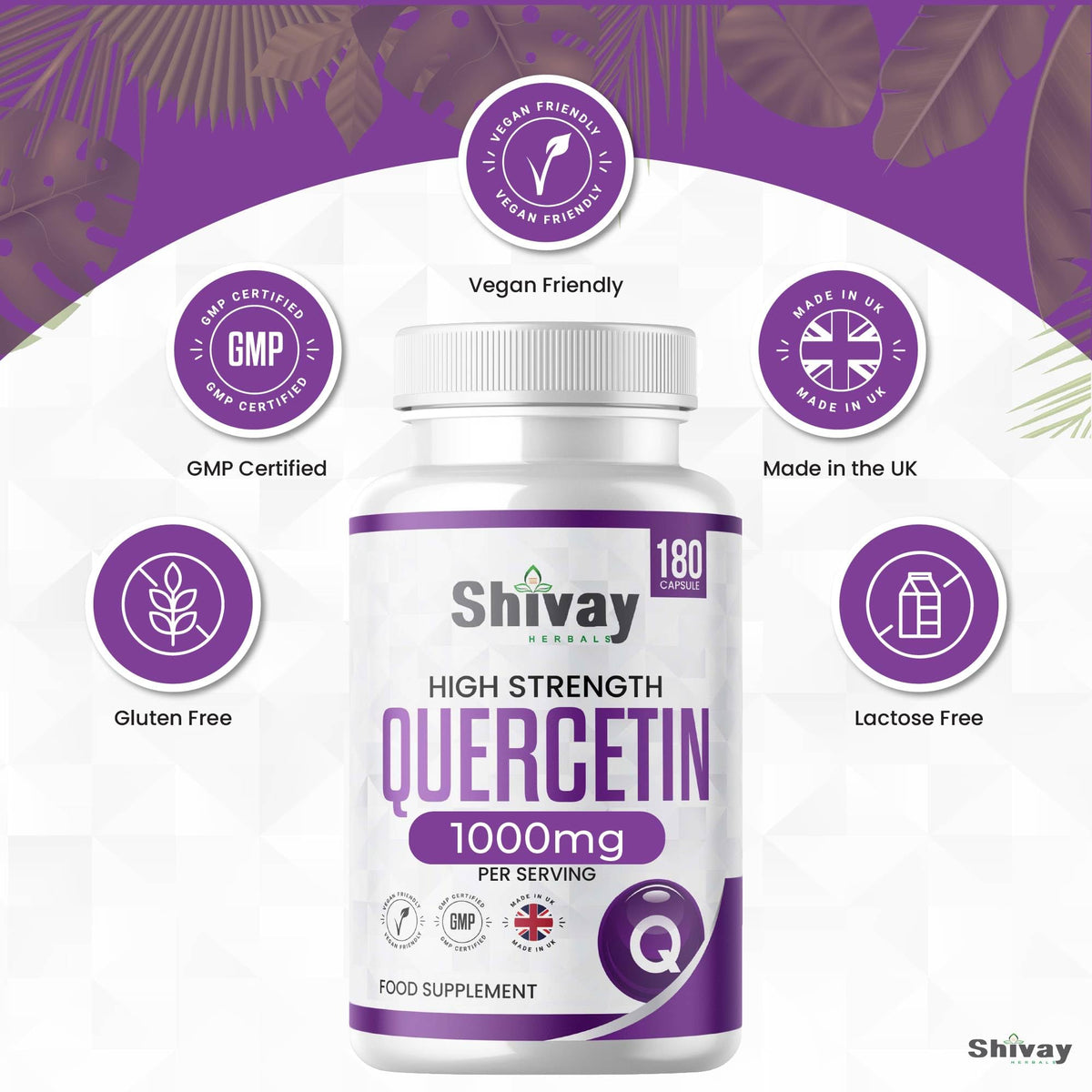 Pure Quercetin (Sophora Japonica) Supplement |1000mg Per Serving | 180 Vegan Capsules - 3 Month Supply | Natural Antioxidant | Made in The UK by Shivay Herbals