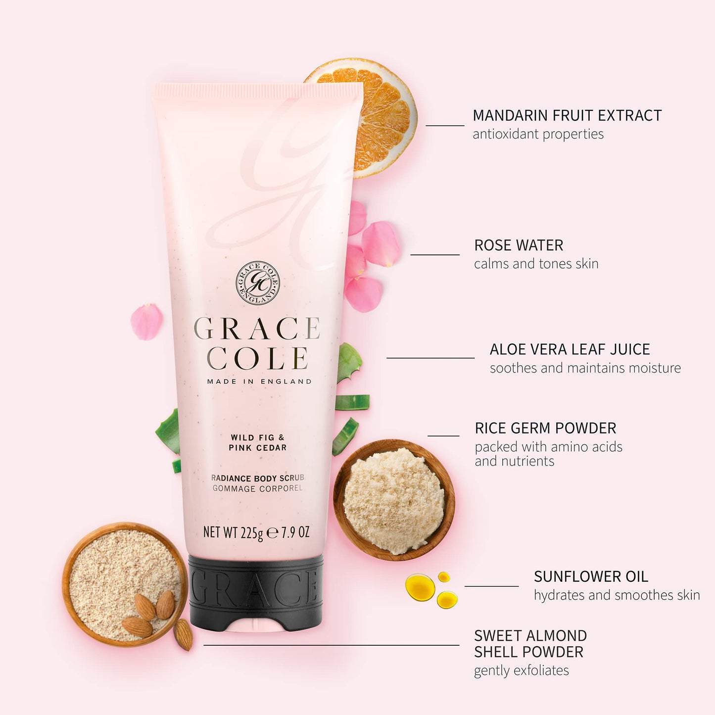 Grace Cole Wild Fig & Pink Cedar Exfoliating Body Scrub 238ml Refreshing Hydrating - Essential Oils - Vegan and Cruelty Free, No SLS or Parabens - Made In England