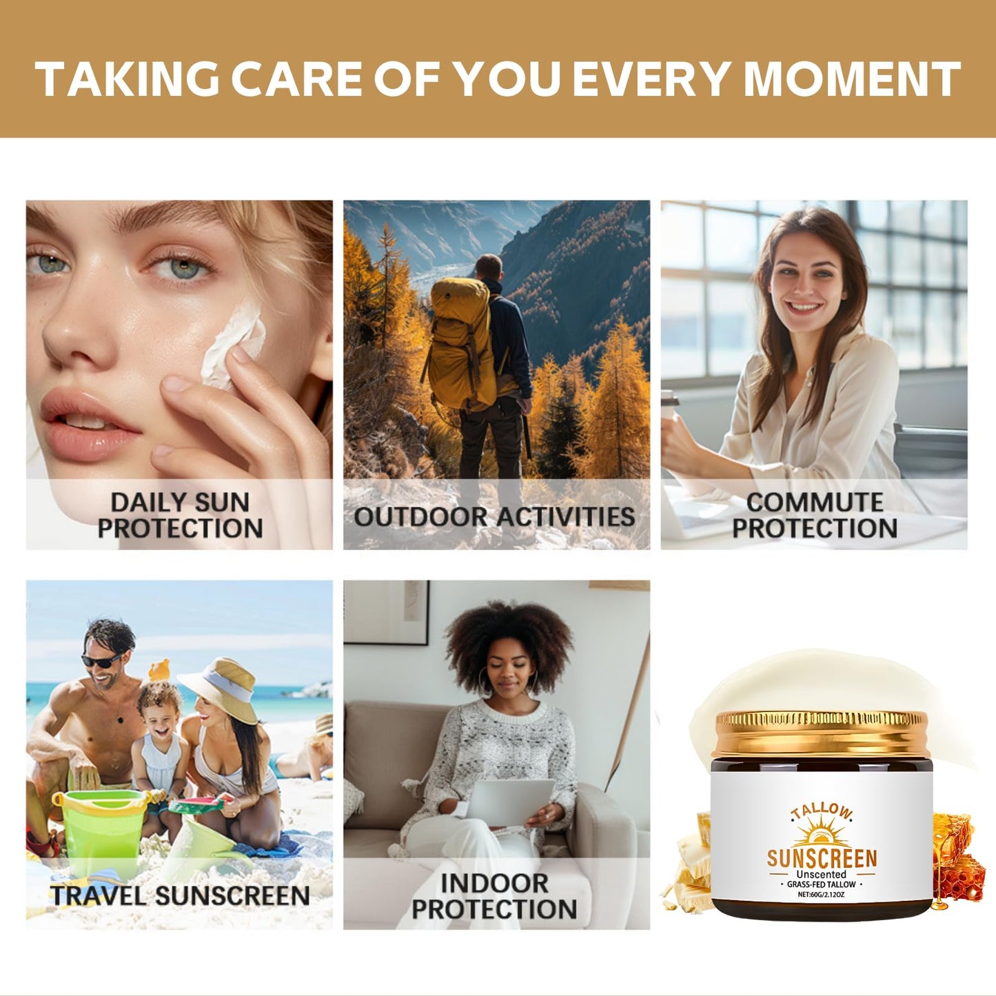 TBeautfave Beef Tallow Sunscreen SPF 50+, Grass Fed Beef Tallow for Face Sun Cream SPF 50,Body & Face Sunscreen for Dry Sensitive Skin, Lightweight, Non Greasy, Unscented, 60g