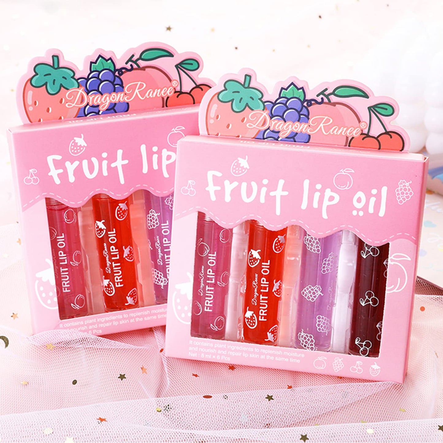 KTouler 4 Pcs Fruit Lip Oil Set Lip Gloss Crystal Jelly Liquid Lipstick, Set Moisturizing Hydrating Non-Stick cup Long Lasting Lip Kit for Women and Girls (Lip Oil, 4Pcs)