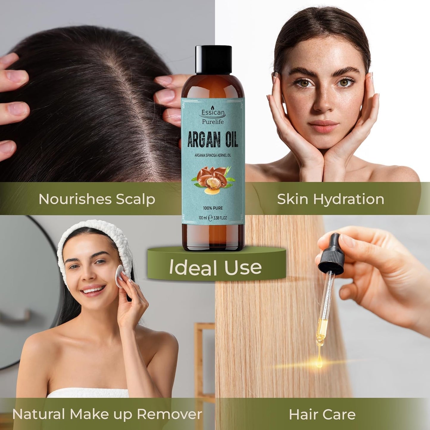 Essican Purelife ARGAN OIL 100% Moroccan Argan Oil, Cold Pressed Argan Oil For Face, Skin, & Body – Rich in Vitamin E For Healthy Skin, Pure Argan Oil For Hair & Nails, Frizz Control - Vegan, Cruelty-Free - 100ml