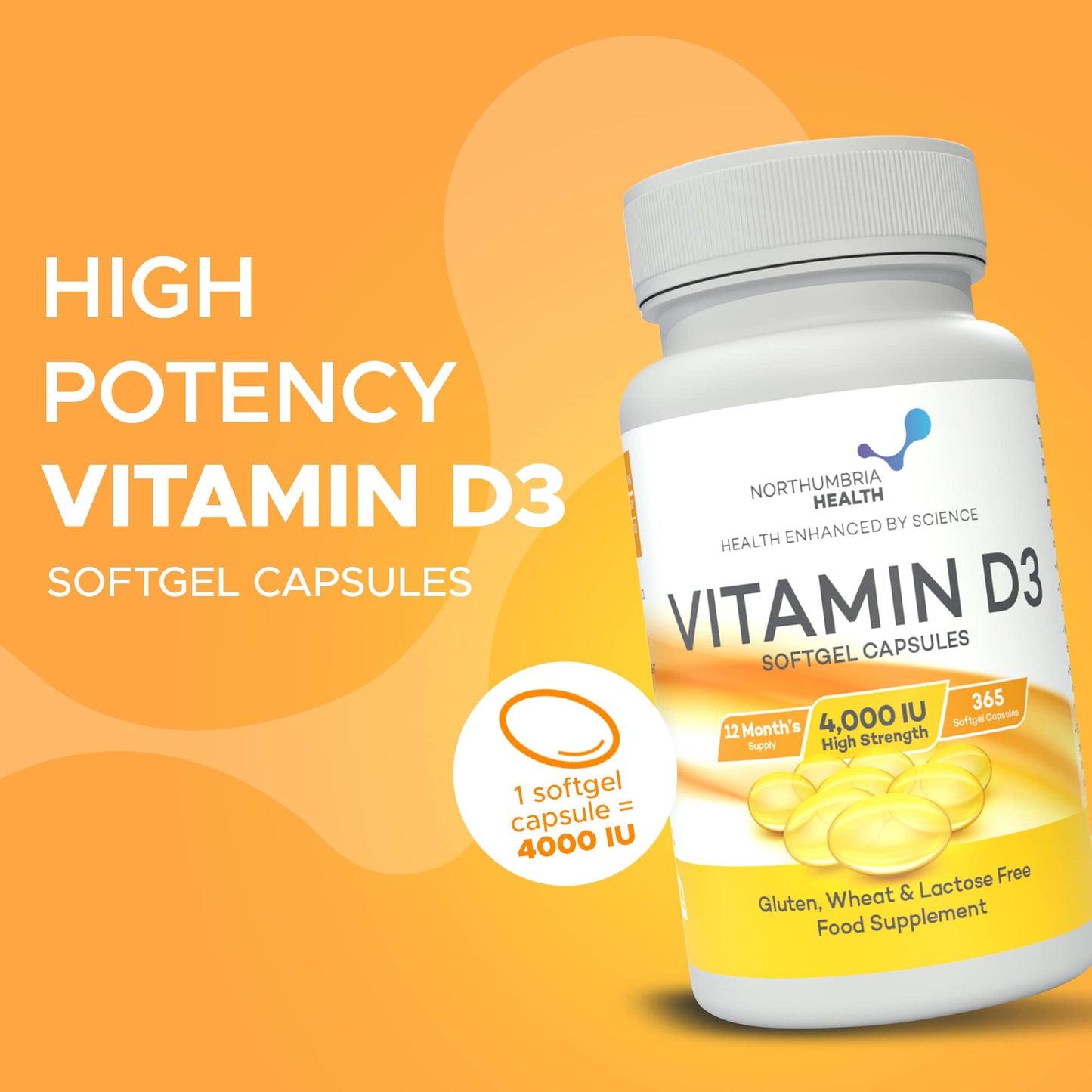 Northumbria Health Vitamin D3 Softgel Capsules, High-Strength D3 Vitamins for Immune Support and Calcium Absorption, Easy to Swallow Vitamin D Softgel Capsules, No Additives or GMO, 365 Capsules