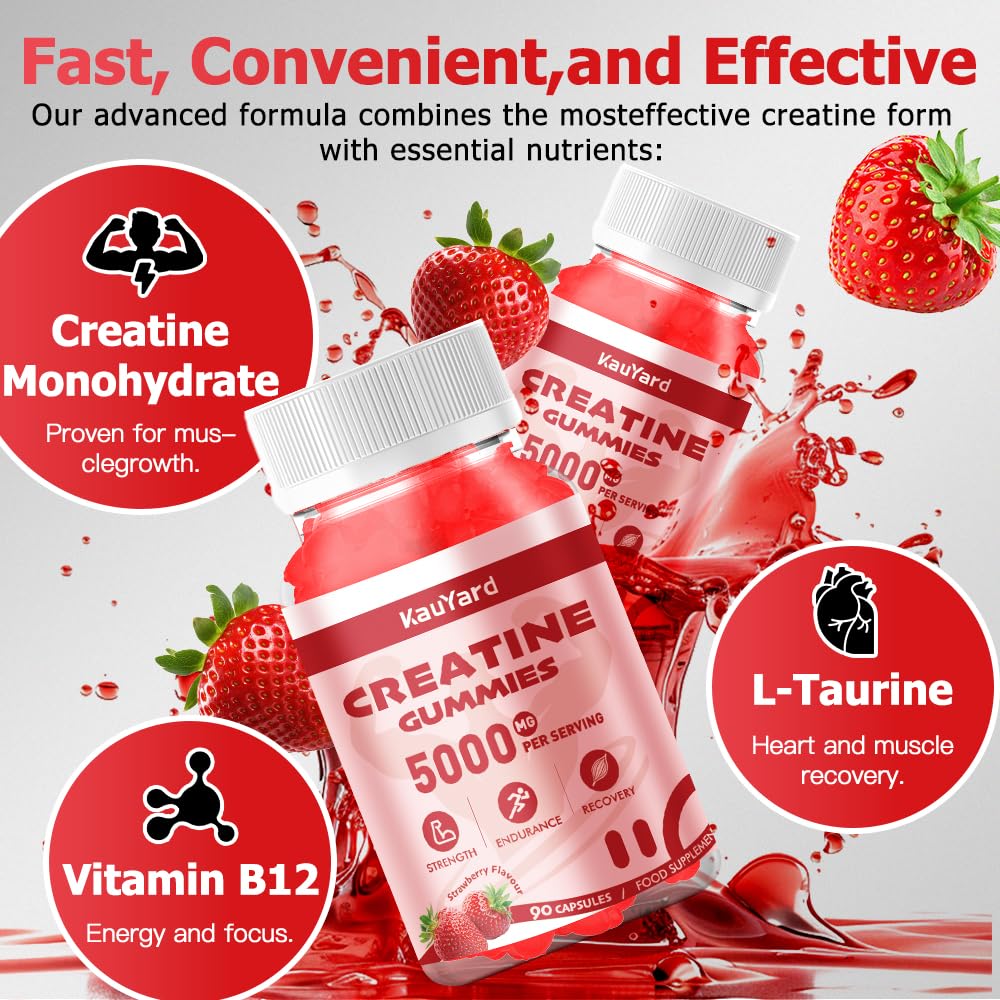 KauYard Creatine Monohydrate 5000mg Gummies - Sugar Free Muscle Support Supplement with Electrolytes & Vitamin D3 | Strawberry Flavour Chewable Creatine for Athletes & Fitness