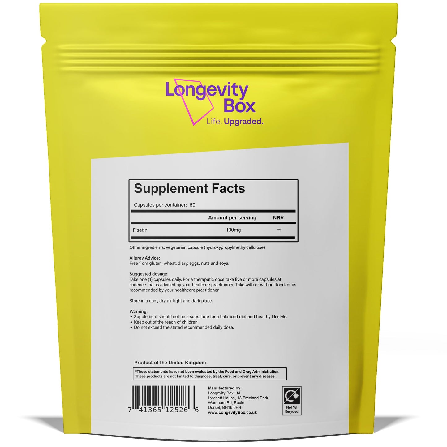 Longevity Box Fisetin 100mg – High-Strength Anti-Aging Antioxidant – 98% Pure, Third-Party Tested – 60 Capsules – Cellular Support for Healthy Aging – Vegan, Non-GMO, Clean Formula