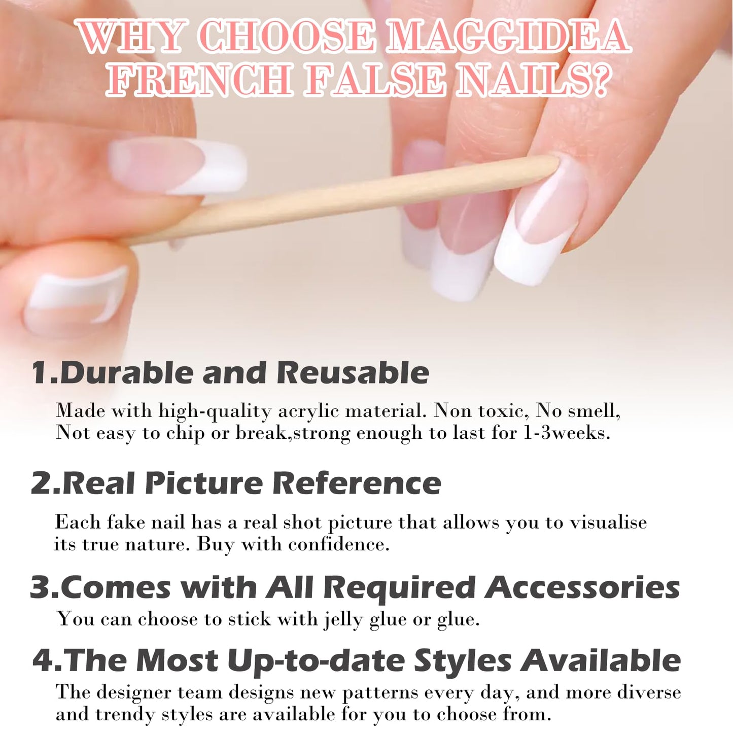 Maggidea French False Nails, Acrylic French Stick on Nails, 24pcs Strong Medium Long Coffin French Style Press On Nails with Glue White Tips Design Fake Nails (Pink Coffin)