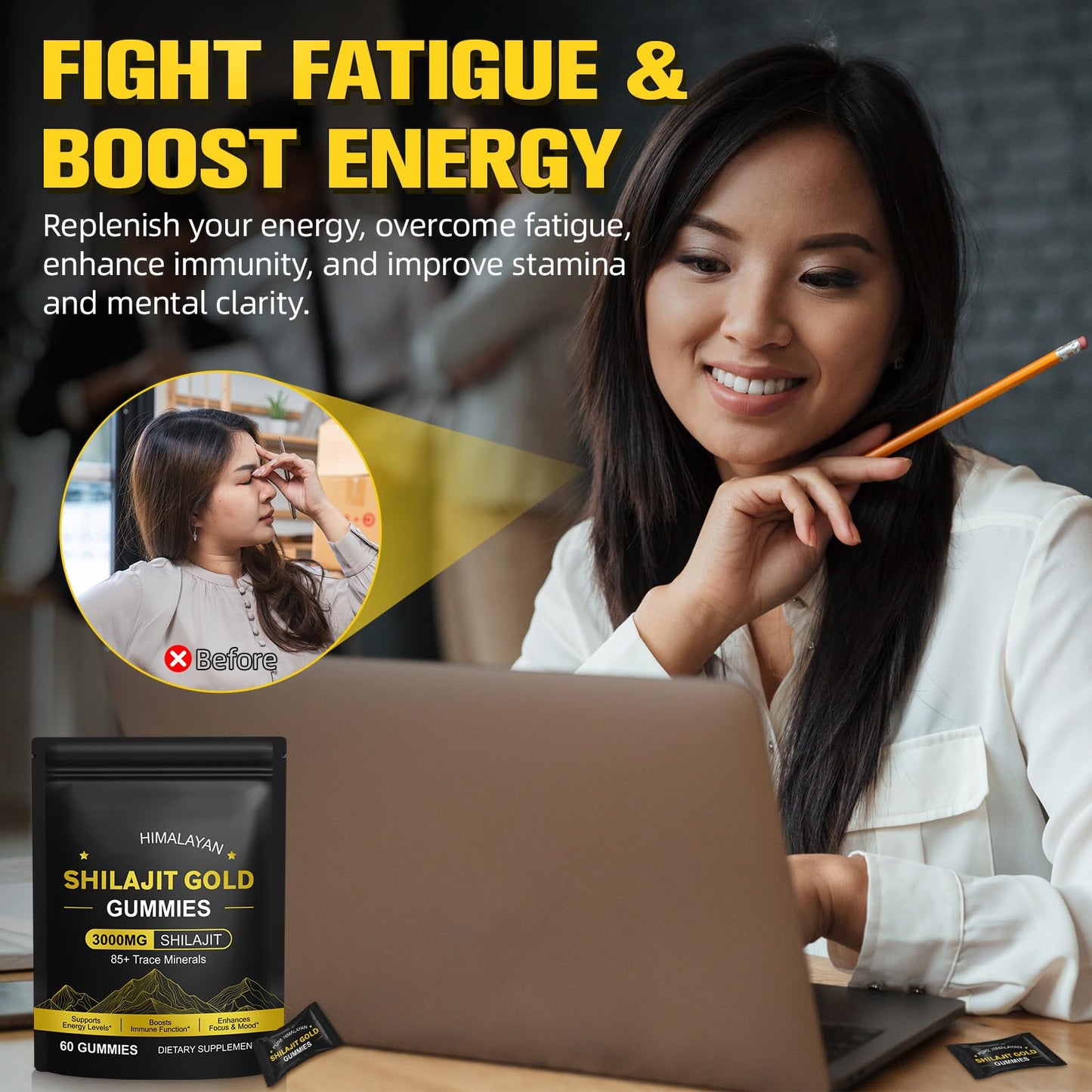 Tiuedu Shilajit Gummies for Men & Women, Pure & Natural Himalayan Gold Shilajit Gummies Energy Boost & Immune Support- Gluten Free 60 Gummies