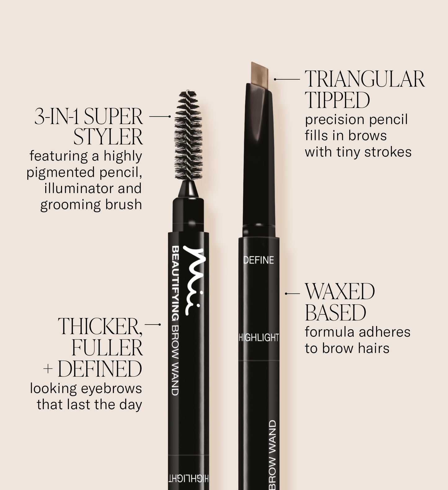 Mii Cosmetics Beautifying Brow Wand, Eyebrow Pencil, 3 in 1 Eyebrow Pen with Brush & Highlighter for Filling, Shaping, & Defining, Soft Brown, Truly Medium