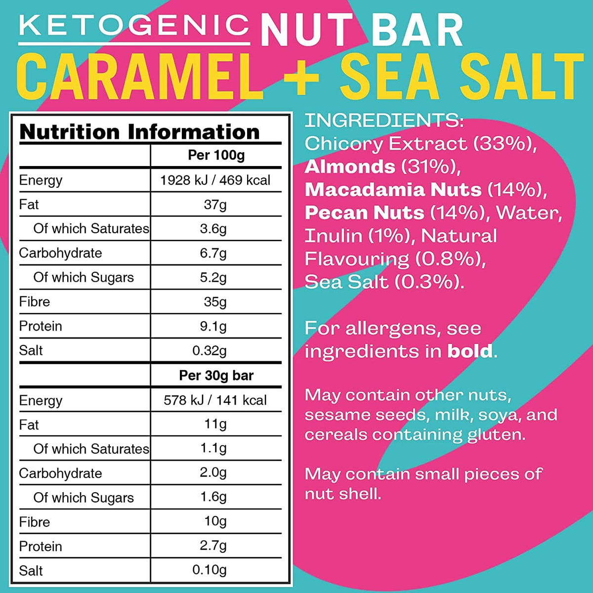 Fatt Keto Snack Bars - Caramel & Sea Salt - 4 x 30g - 2g Carbs - 100% Natural Snacks - Low Carb, Low Sugar, High Prebiotic Fibre, Vegan & Sweetener Free - FattBar