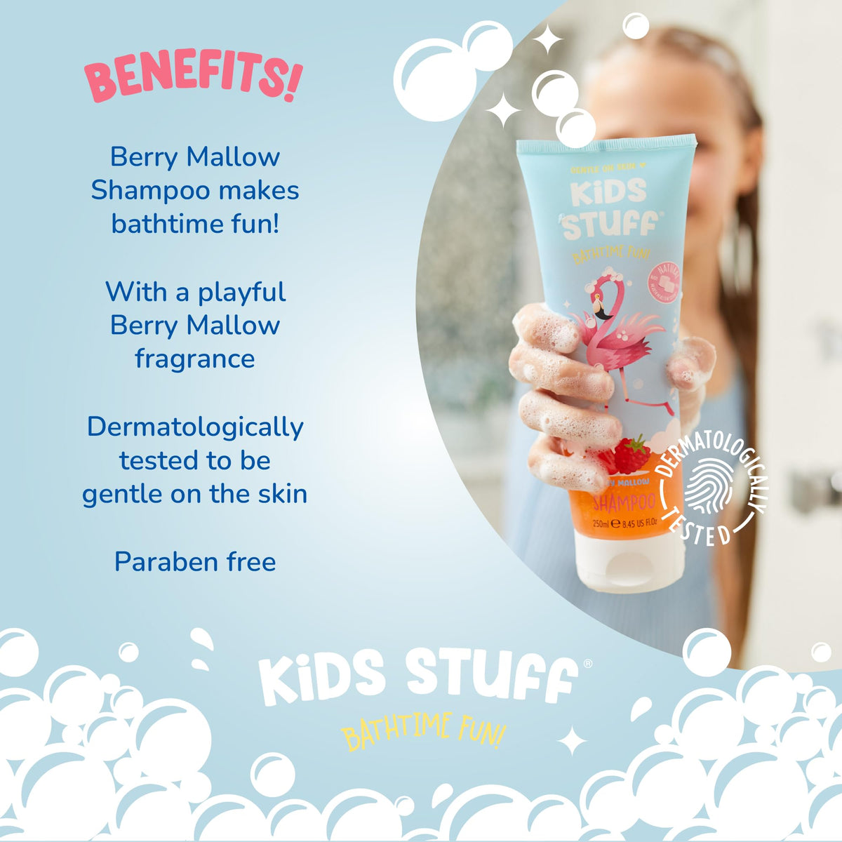Kids Stuff Berry Mallow Kids Shampoo | Fruity Berry Scent & Playful Squeezy Tube Format | For Soft & Detangled Hair | With Nourishing Natural Marshmallow Extract | Dermatologically Tested | 250ml