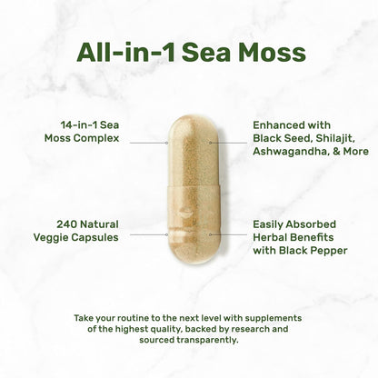 Irish Sea Moss 7000mg Per Serving, 240 Veggie Capsules –3000mg Black Seed Oil, 2000mg Ashwagandha, 600mg Ginger