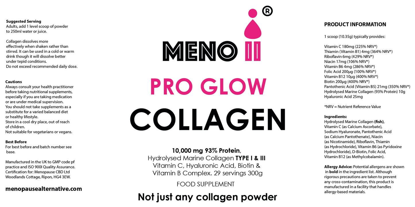 Meno II PRO Glow Marine Collagen Powder 10,000mg - High-Potency Supplements for Women Skin Hydration - Unflavoured Collagen Supplement with Hyaluronic Acid, Vitamin C & B Complex - 300g