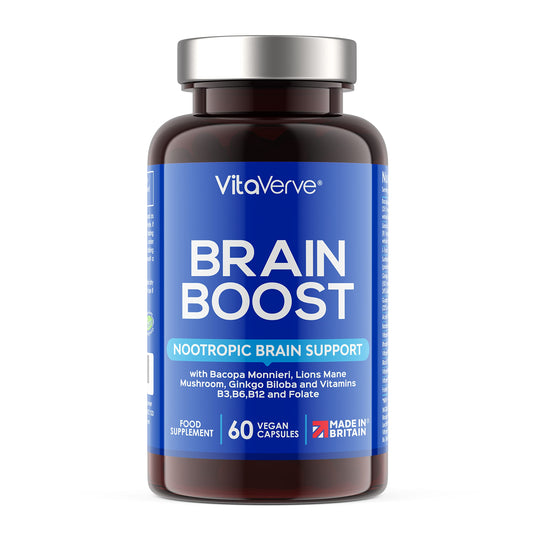 Brain Boost Nootropic High Strength Focus Supplement for Memory, Mood & Clarity with Lions Mane, Ginkgo Biloba, Bacopa, L-Carnitine, Guarana, L-Tyrosine, Rhodiola Rosea, Vitamin B12, B3, B6, & Folate