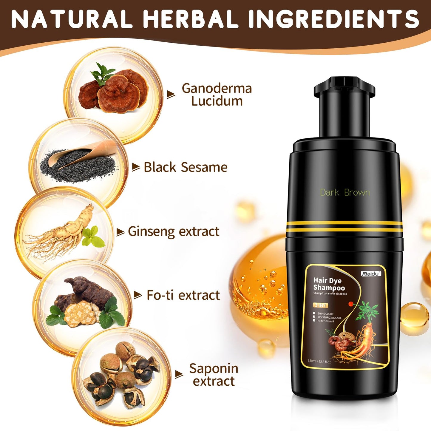 IIIMEIDU Black Hair dye Shampoo 3 in 1, Natural Hair Color Shampoo for Gray Hair, Herbal Hair Dye Shampoo for Women and Men 100% Grey Hair Coverage,350ml (Dark brown)