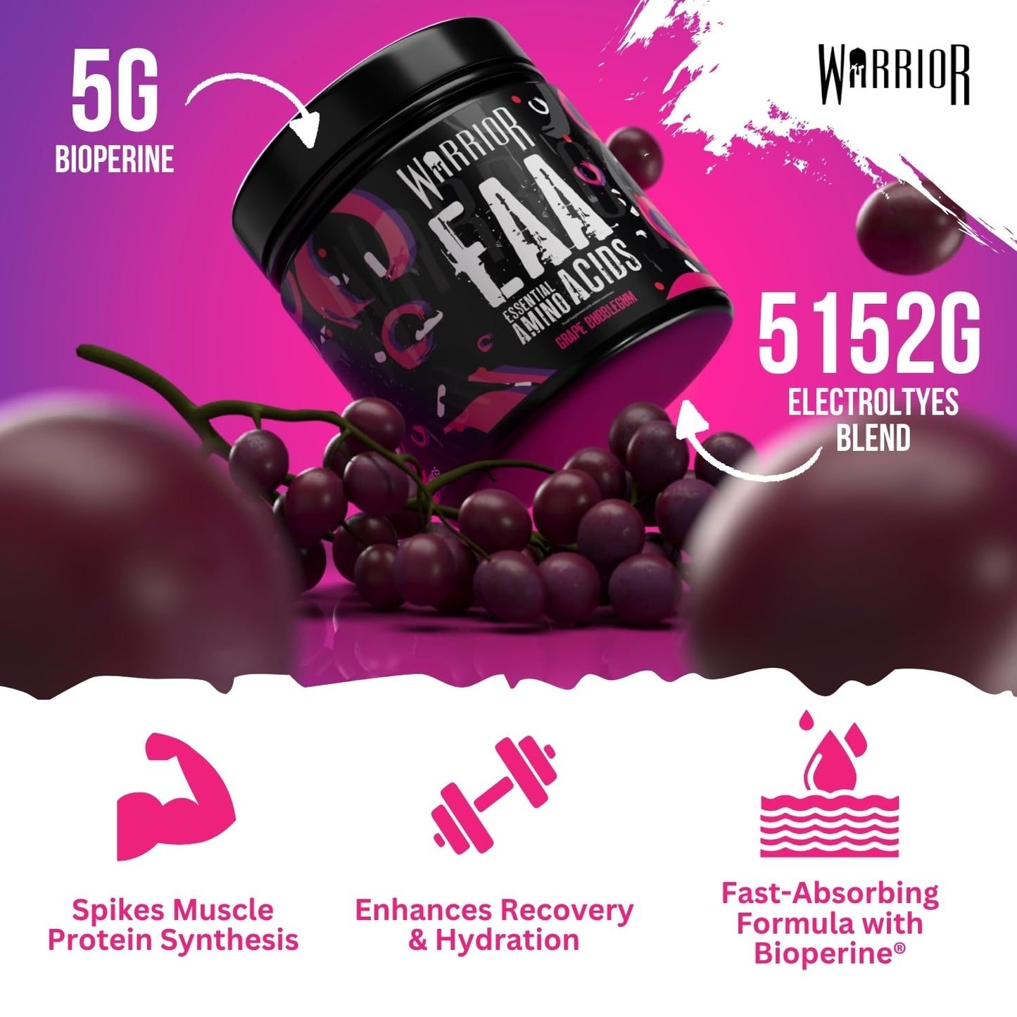 Warrior EAA 360g Essential Amino Acids Powder with BCAAs, Citrulline Malate, Taurine & Bioperine – Vegan, Zero Sugar, Muscle Recovery & Endurance Fuel - Grape Bubblegum