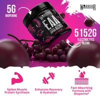 Warrior EAA 360g Essential Amino Acids Powder with BCAAs, Citrulline Malate, Taurine & Bioperine – Vegan, Zero Sugar, Muscle Recovery & Endurance Fuel - Grape Bubblegum