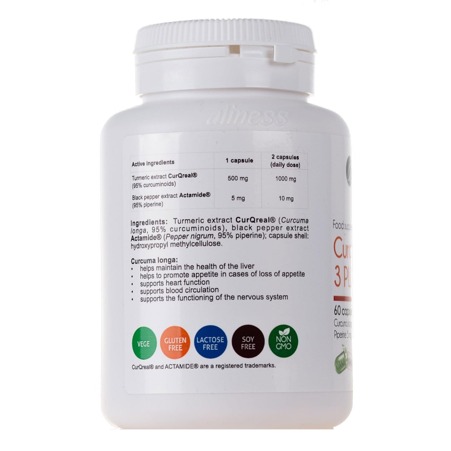 Aliness Curcumin 3 Plus with Piperine, 60 Vegan Capsules