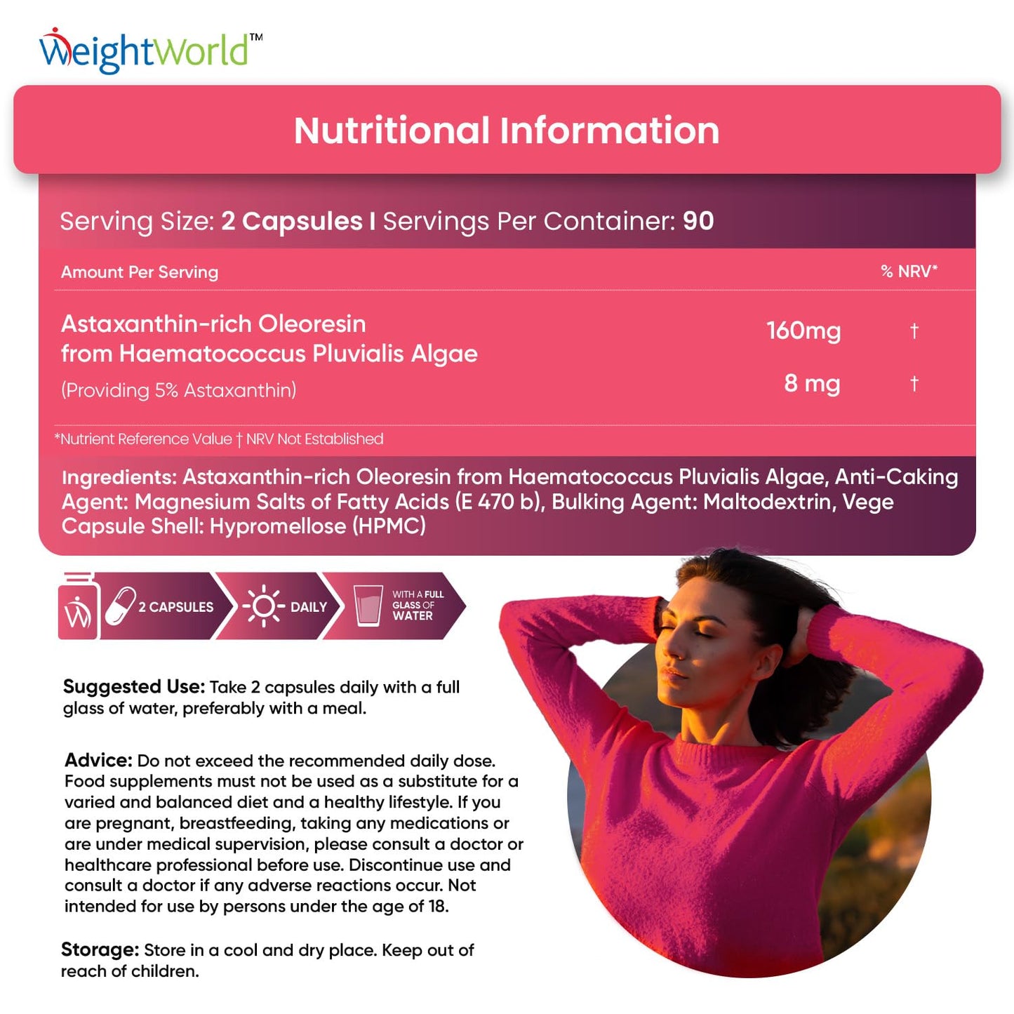 Vegan Astaxanthin High Strength - 180 Capsules - 8mg Active Astaxanthin from 160mg Hawaiian Haematococcus Pluvialis Algae - Pure & Natural Astaxanthin - Skin & Immunity Supplement - Allergen Free