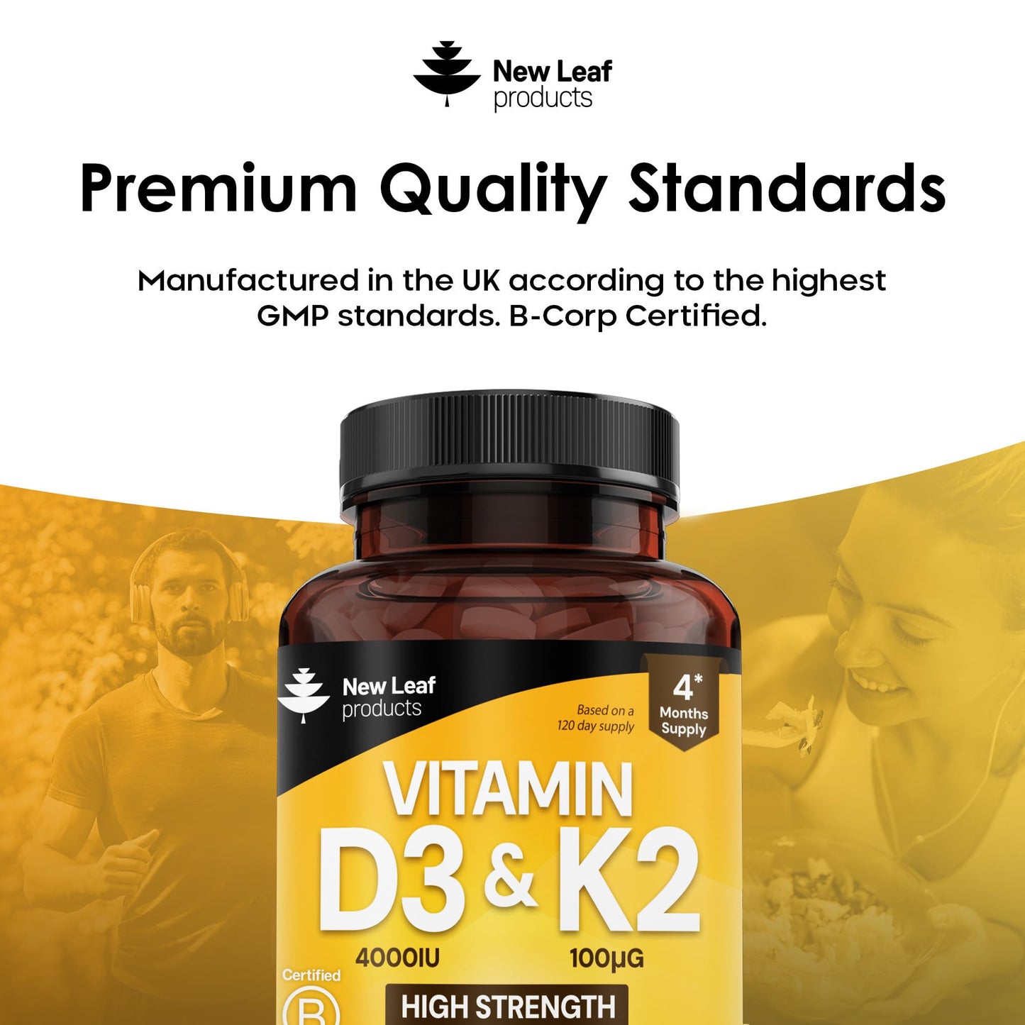 NEW LEAF PRODUCTS Vitamin D3 K2 - Vitamin D3 4000iu & Vitamin K2 100ug (MK7) 4 Months Supply, Supports Immunity, Calcium Absorption and Bone Health, Non-GMO, UK Made by New Leaf 120 Micro Small Vegetarian Tablets,