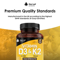 NEW LEAF PRODUCTS Vitamin D3 K2 - Vitamin D3 4000iu & Vitamin K2 100ug (MK7) 4 Months Supply, Supports Immunity, Calcium Absorption and Bone Health, Non-GMO, UK Made by New Leaf 120 Micro Small Vegetarian Tablets,