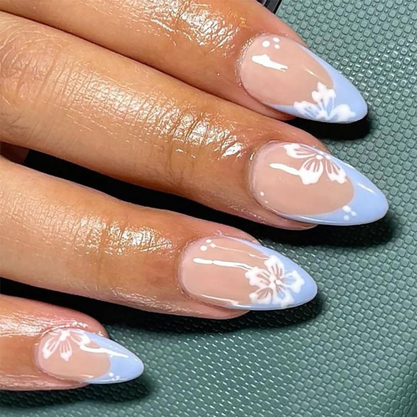 Cosmeria 24 Pieces Press on Nails, Blue French Tips, Medium Length Almond Shape Fake Nails with White Floral Design, Glossy Stick on Nails