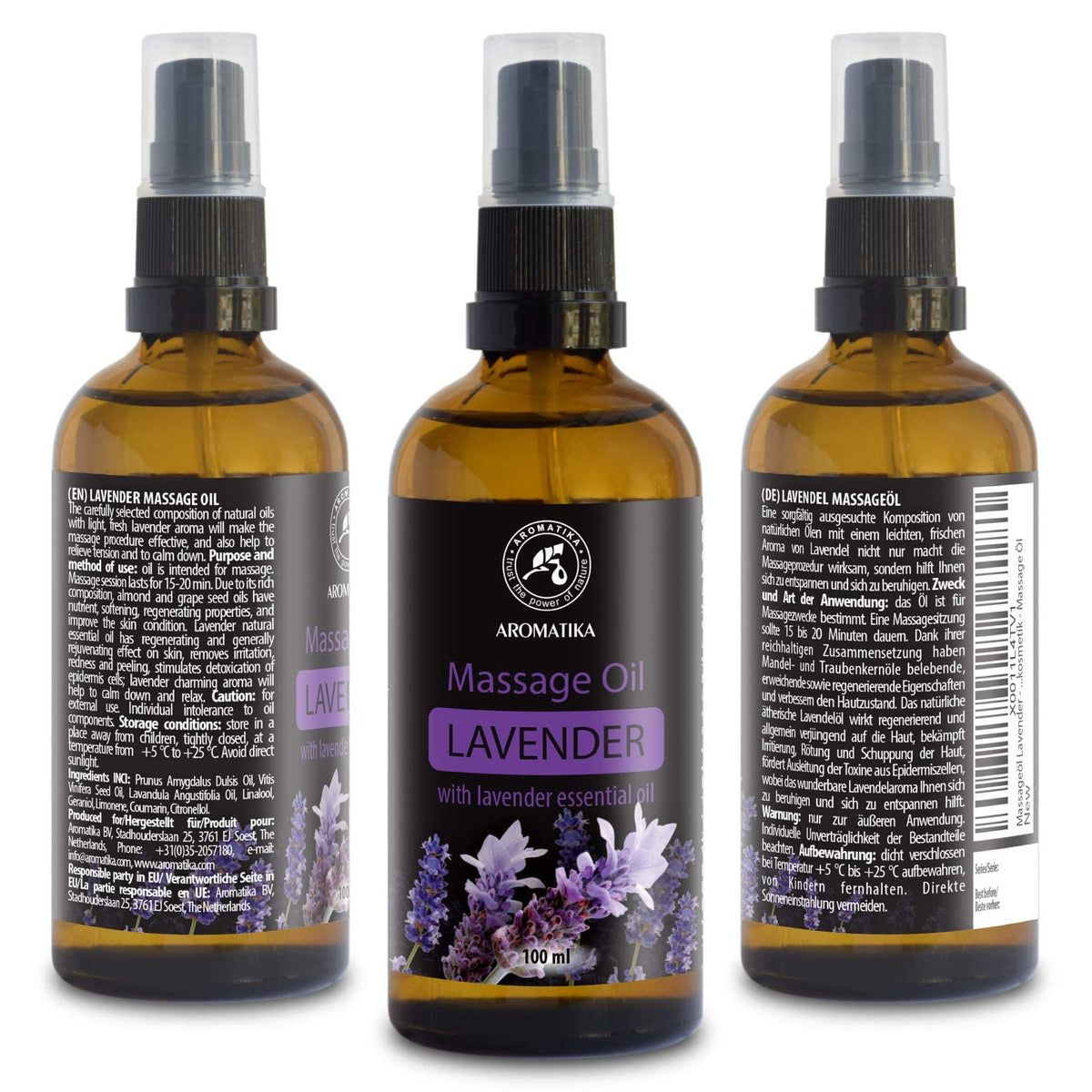 AROMATIKA trust the power of nature Massage Lavender Oil 100ml - 100% Natural Lavender Body Massage Oil - Good Sleep - De-Stress - Calming - Skin Care - Beauty - Body Massage - Soft Relaxing Aroma Oil