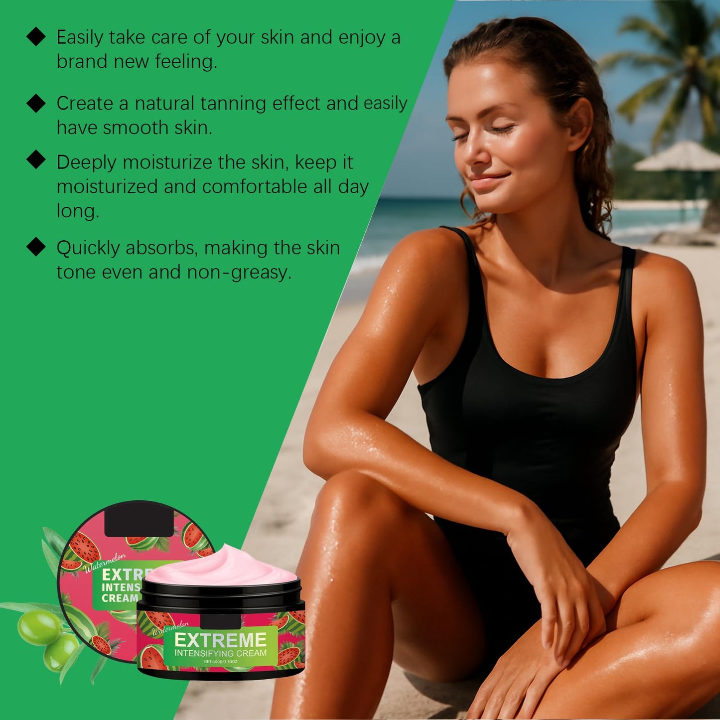 AmiCera Tanning Moisturiser, Extreme Intensifying Tanning Cream, Tanning Enhancers for Sunbed Sun Sunkissed Tan Tinted Moisturiser Body, Men & Women, Fast Absorbing Lightweight, Watermelon 100g