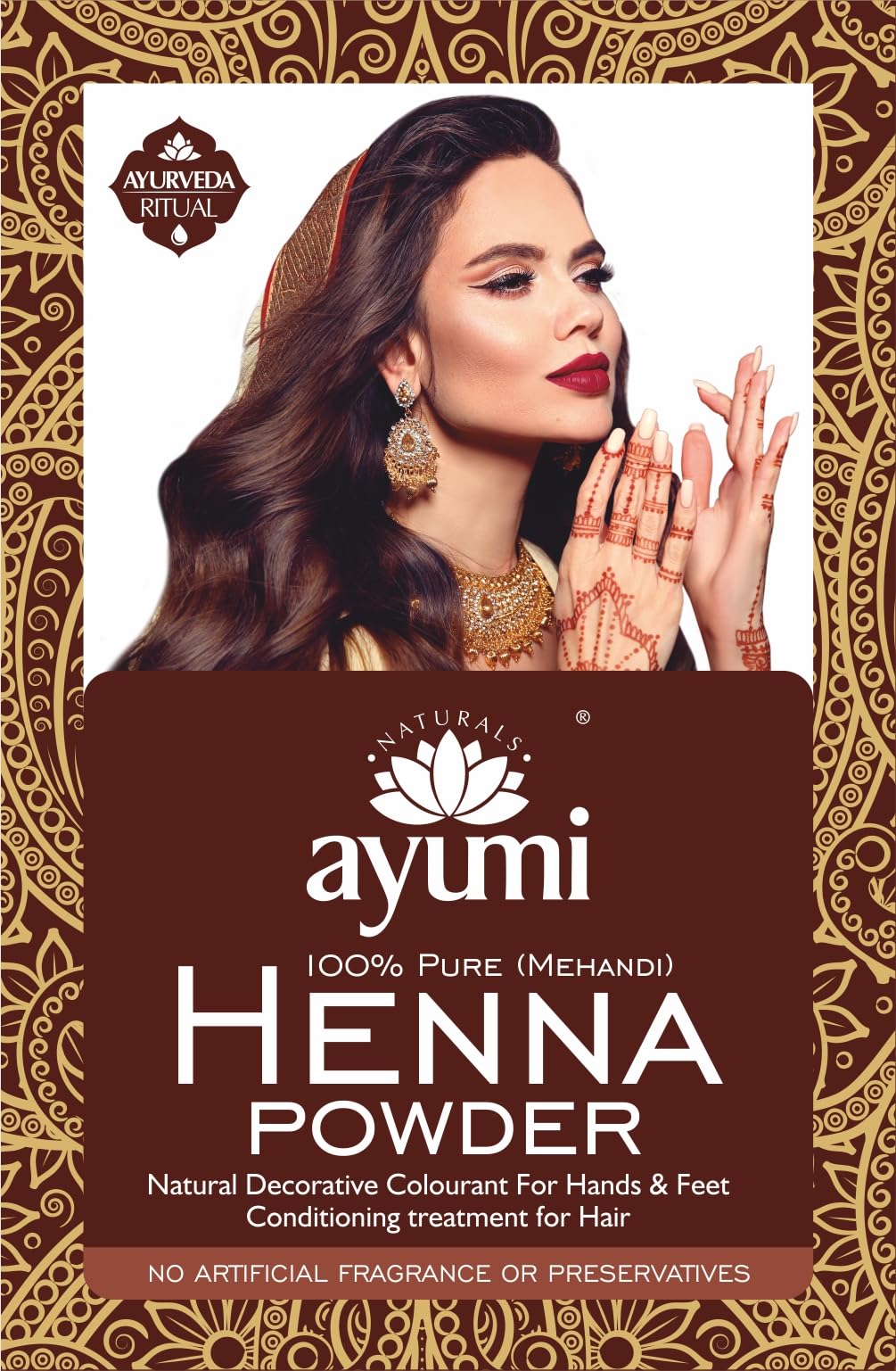 Ayumi Pure Henna 100% (Mendhi), 100g | Natural Dark Red Hair Dye | Natural Hair Growth Powder | Chemical-Free Colour | Dandruff Prevention | Moisture Conditioning Powder