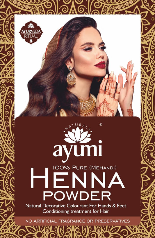 Ayumi Pure Henna 100% (Mendhi), 100g | Natural Dark Red Hair Dye | Natural Hair Growth Powder | Chemical-Free Colour | Dandruff Prevention | Moisture Conditioning Powder