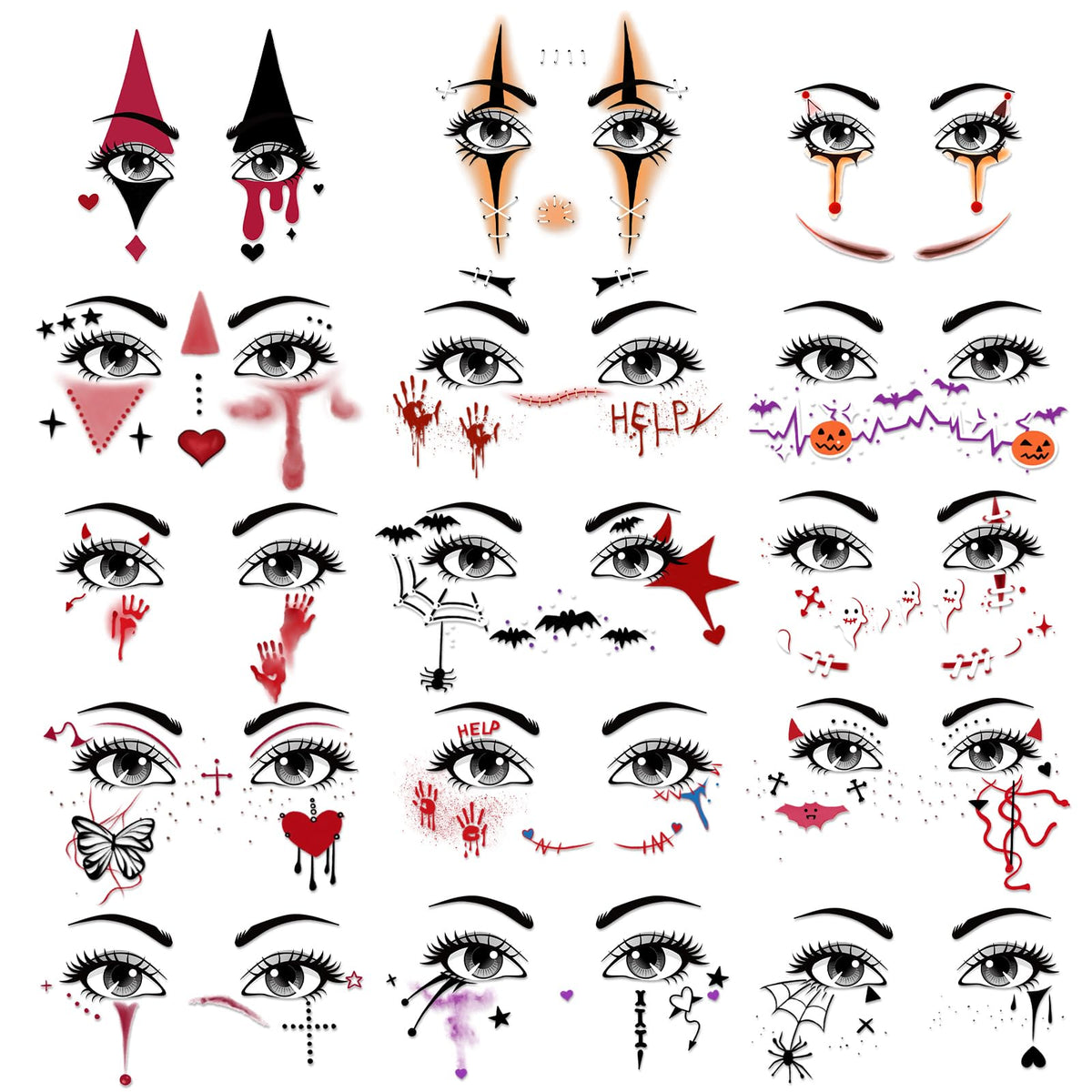 HOWAF 15 Pcs Halloween Face Tattoos, Clown Face Sticker, Vampire Blood Scars Temporary Tattoos Stickers for Halloween Costume Women Men