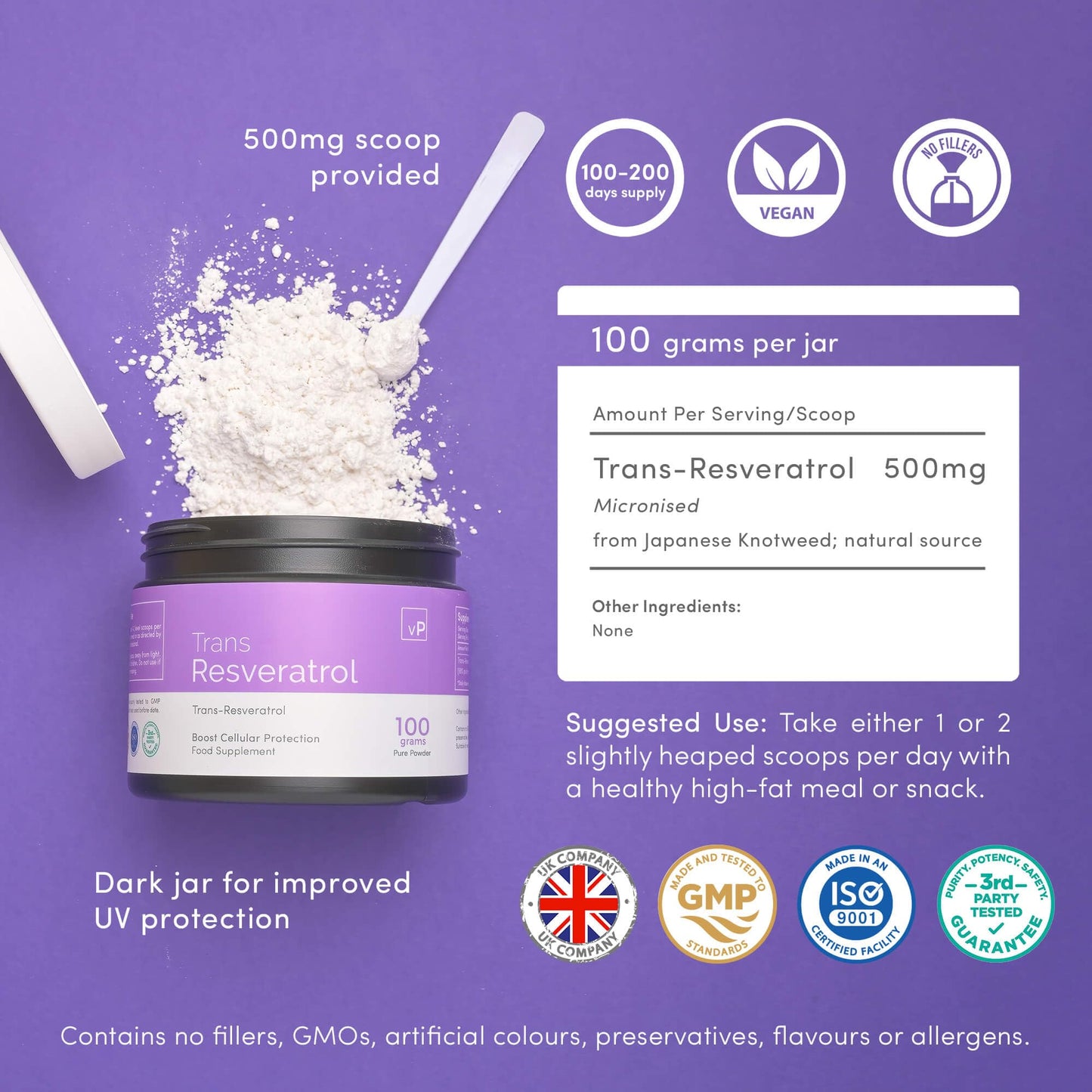 vP Vitality Pro Trans Resveratrol Micronised Powder 100 Grams - Third Party Tested Over 99% Purity - Natural Pure Trans Resveratrol Supplement 100g - Vitality Pro