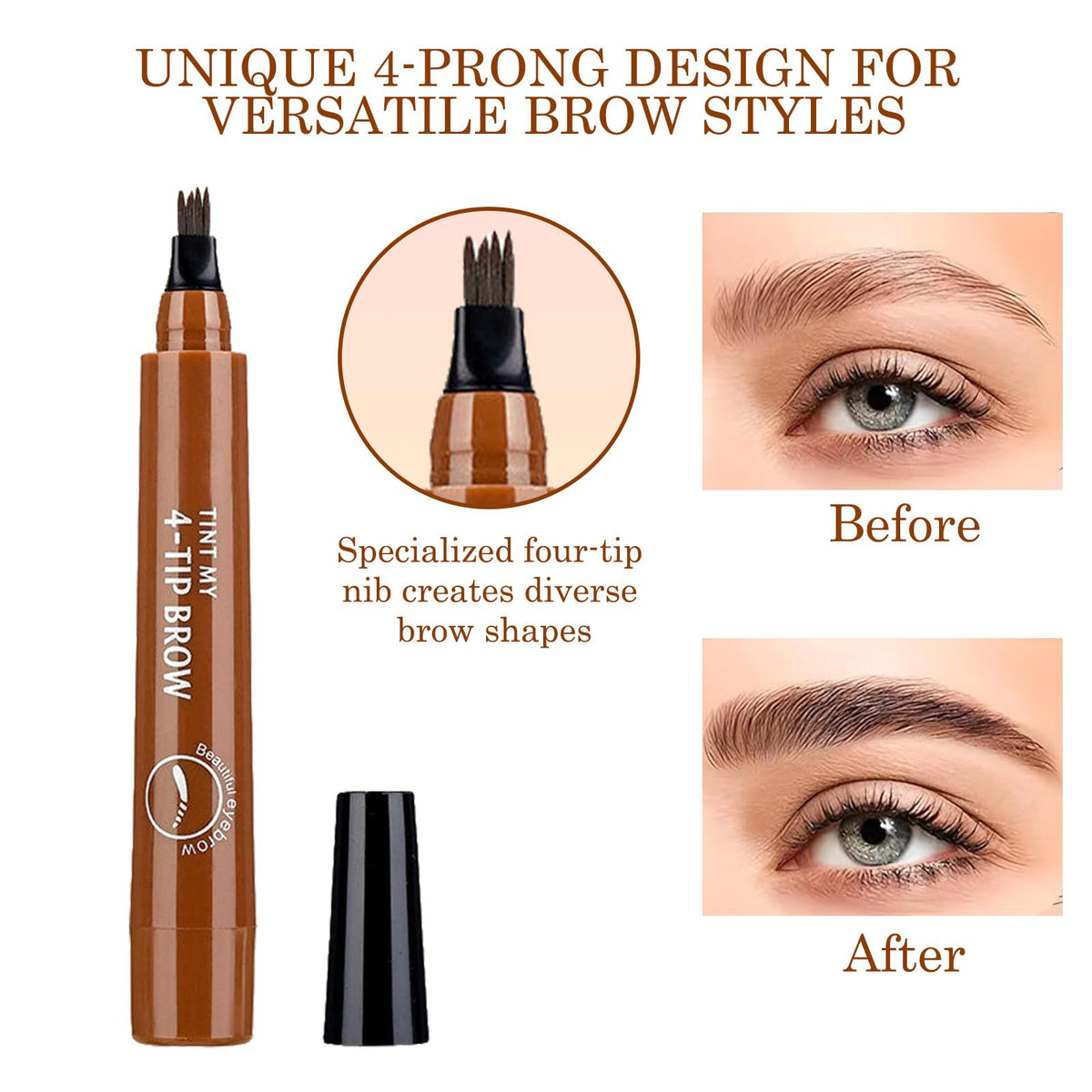 ZoeyShine Waterproof 4-Fork Brow Pen, Smudge-Proof Eyebrow Pencil for Realistic Hair Strokes, Long Wear Brow Marker for Shaping Arches, Filling Gaps and Creating Natural Looking Brows(Light brown)