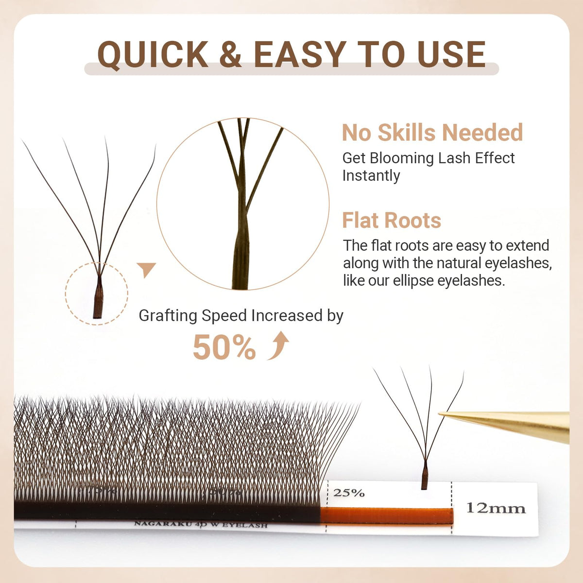 NAGARAKU Dark Brown 4D Lashes，W Shape Eyelash Extensions 0.07mm C Curl 8-15mm Mix Volume Lashes Hand Woven Long Stem Matte Black Premade Fans 4 Tips False Eyelash