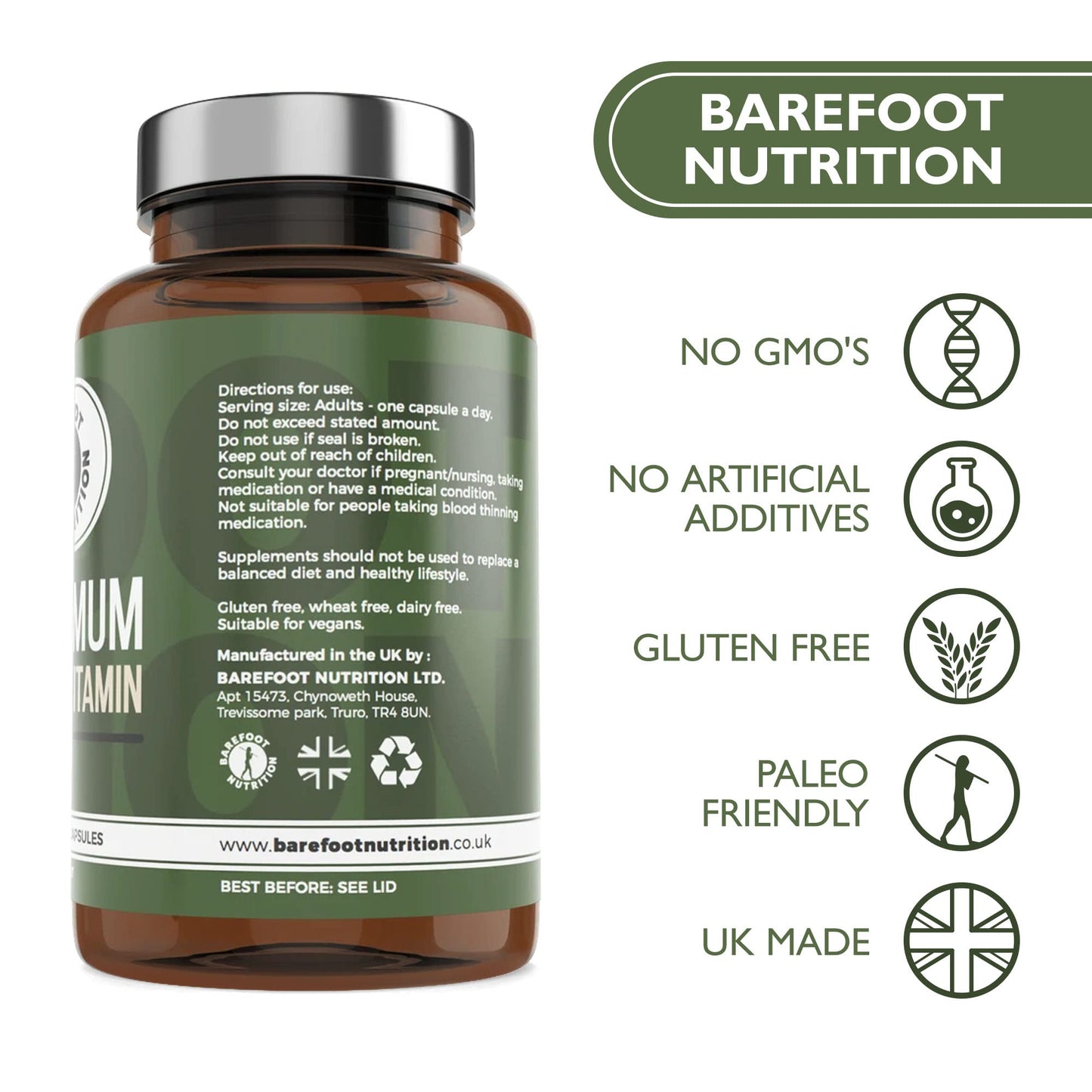 Barefoot Nutrition - Optimum Multivitamin & Mineral Supplement, Bioactive High Strength Formula with Vitamin C Complex, Superior Absorption for Immune Support - 60 Vegan Capsules