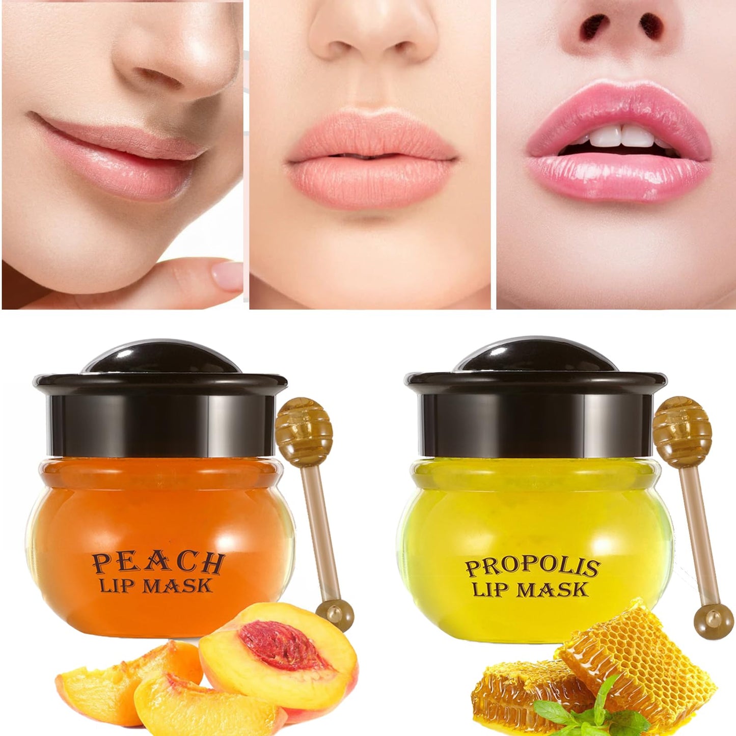 GEEWHILE Lip Sleeping Mask Moisturizing Lip Mask Skincare Lip Balm Set, 2 Pcs Peach+Honey Bee Balm Lip Mask for Day&Night Lip Care, Lighten Dark Lip Color Reduce Lip Lines, Repair,Prevent Dry Crack