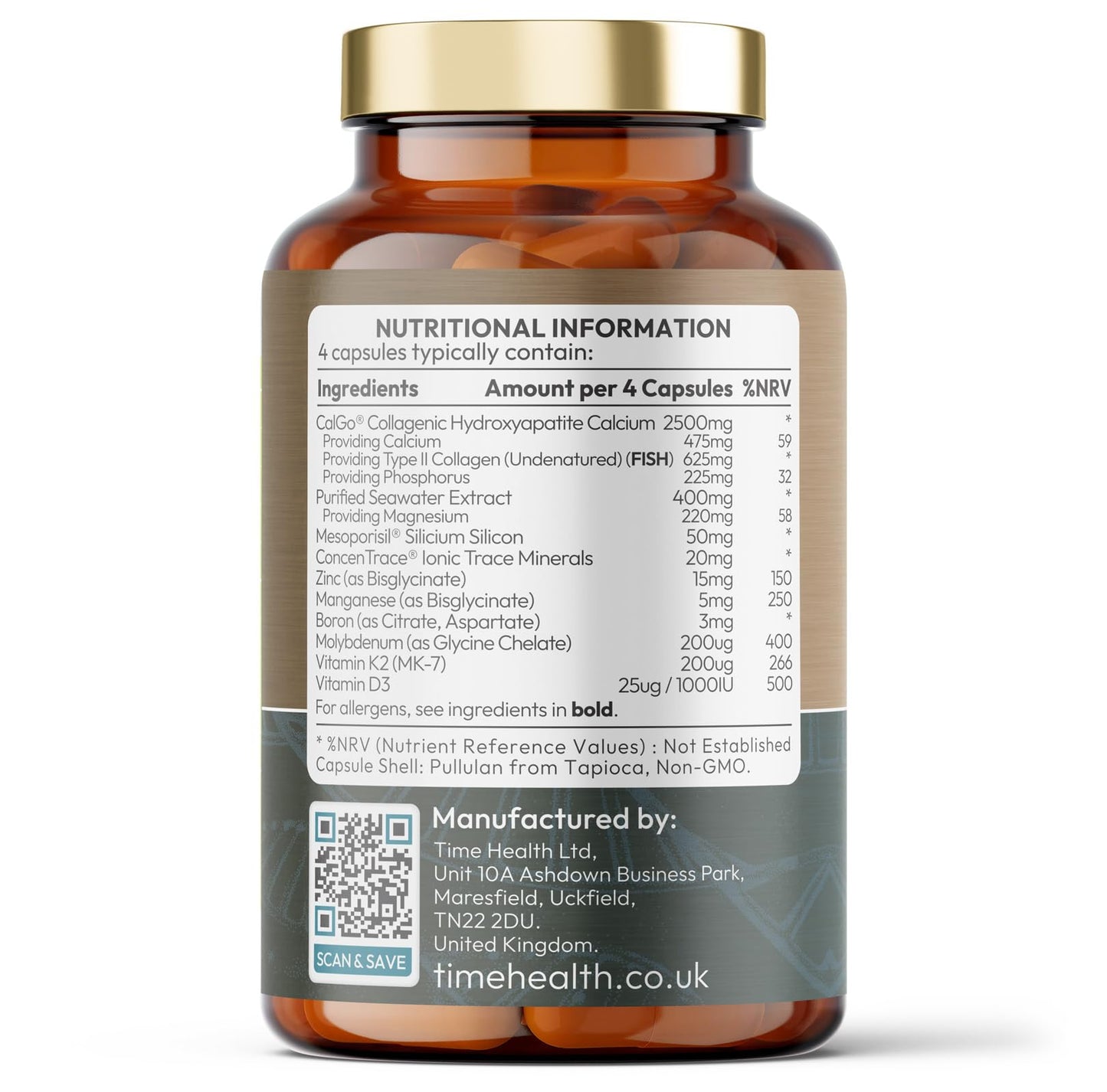 Time Health Bone Regen® – Osteo Support – Bone Strength, Density & Fracture Repair – with Calcium, Magnesium, Vitamin D3, K2, Zinc & Collagen – Clinically Proven Ingredients – GMP – UK Made Supplement