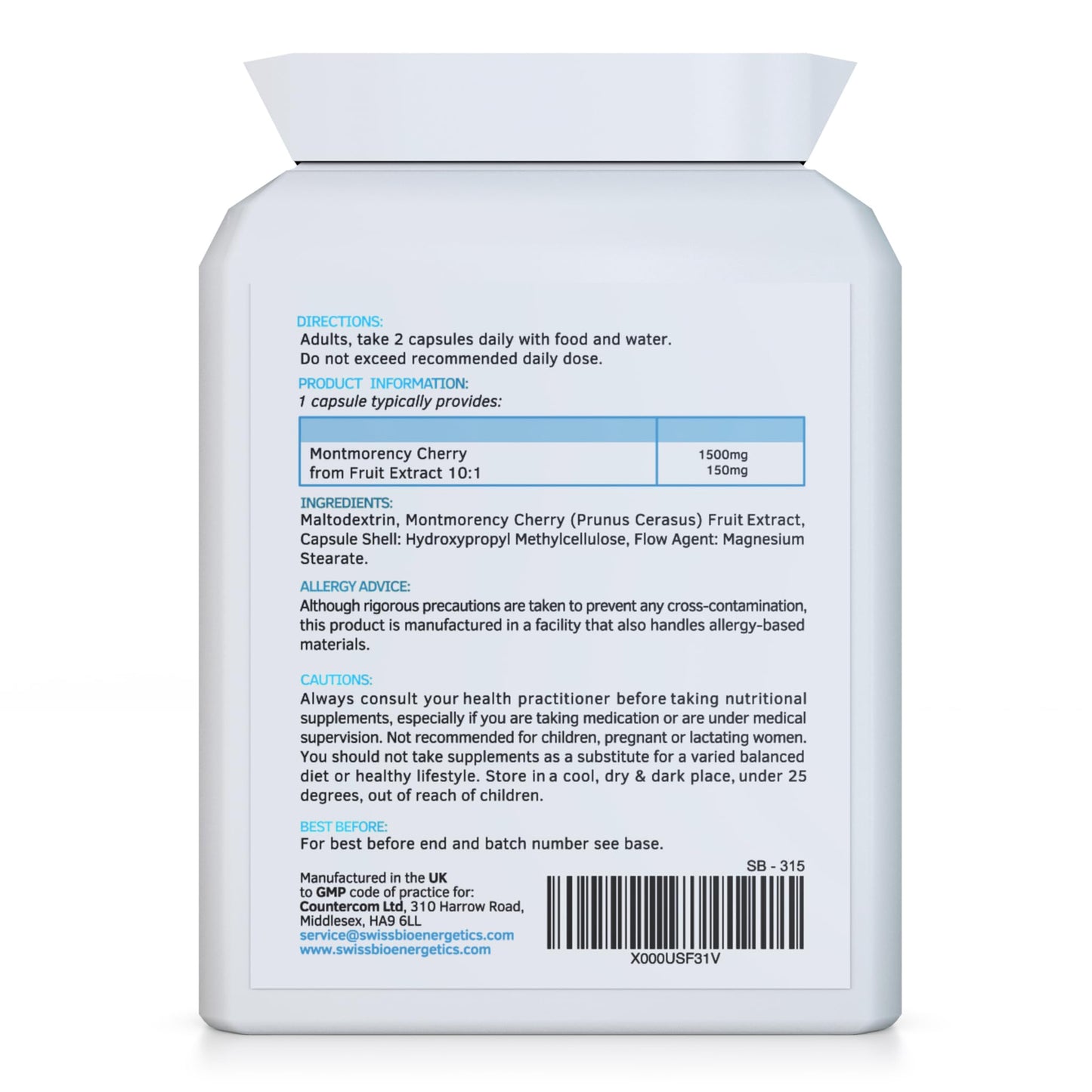 swiss bioenergetics Pure Montmorency Super Cherry 1500mg 90 Capsules - High Strength Freeze Dried - 100% Natural High Strength Freeze Dried Montmorency Cherries with No Additives - Manufactured in The UK