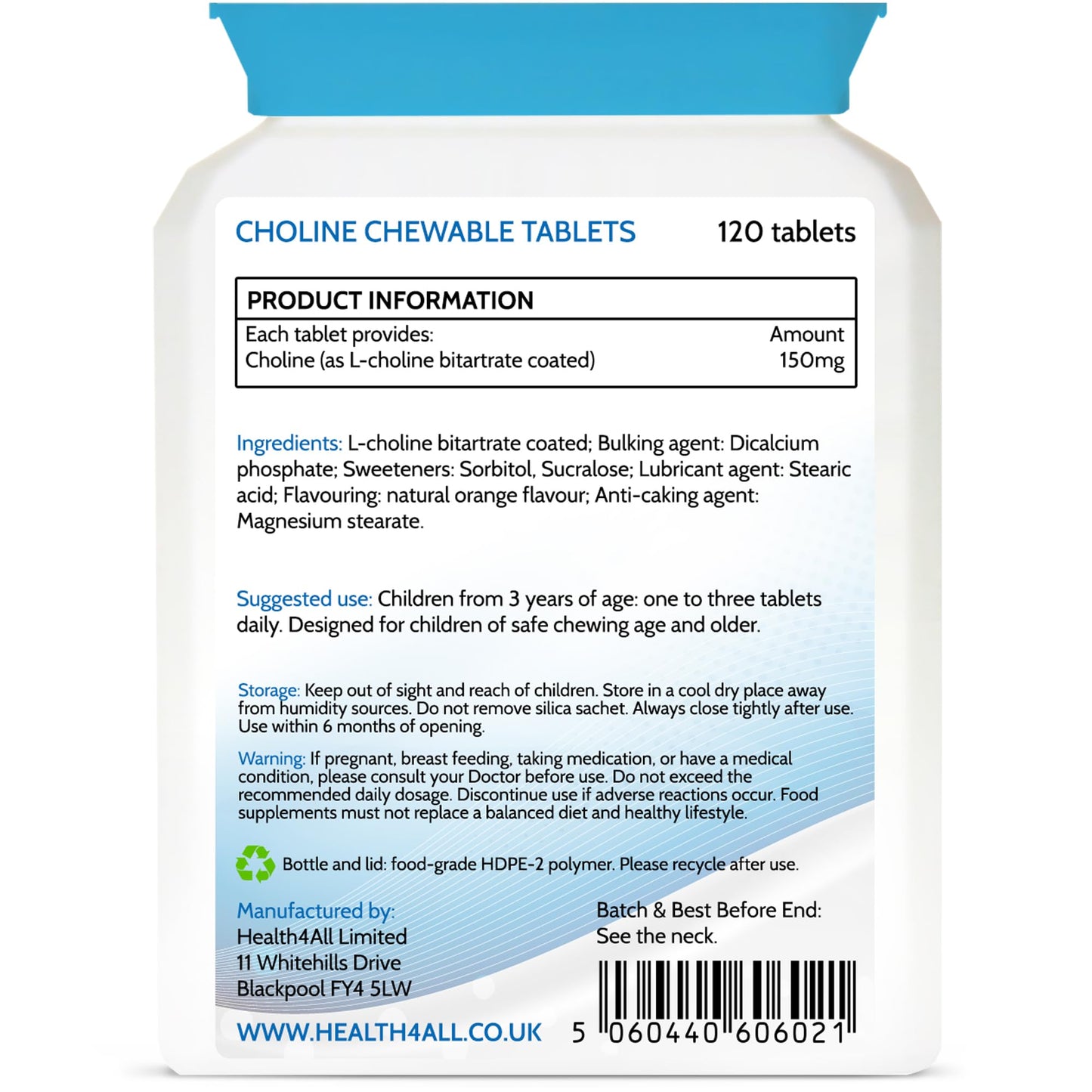 Health4All Kids Choline 150mg Chewable 120 Tablets Vegan Children's Supplement to Support Memory and Learning