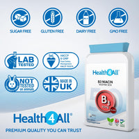 Health4All Vitamin B3 Niacin as Nicotinic Acid (Flush Effect) 50mg 120 Tablets. Vegan Niacin Flush Supplement Tablets. Made in The UK.