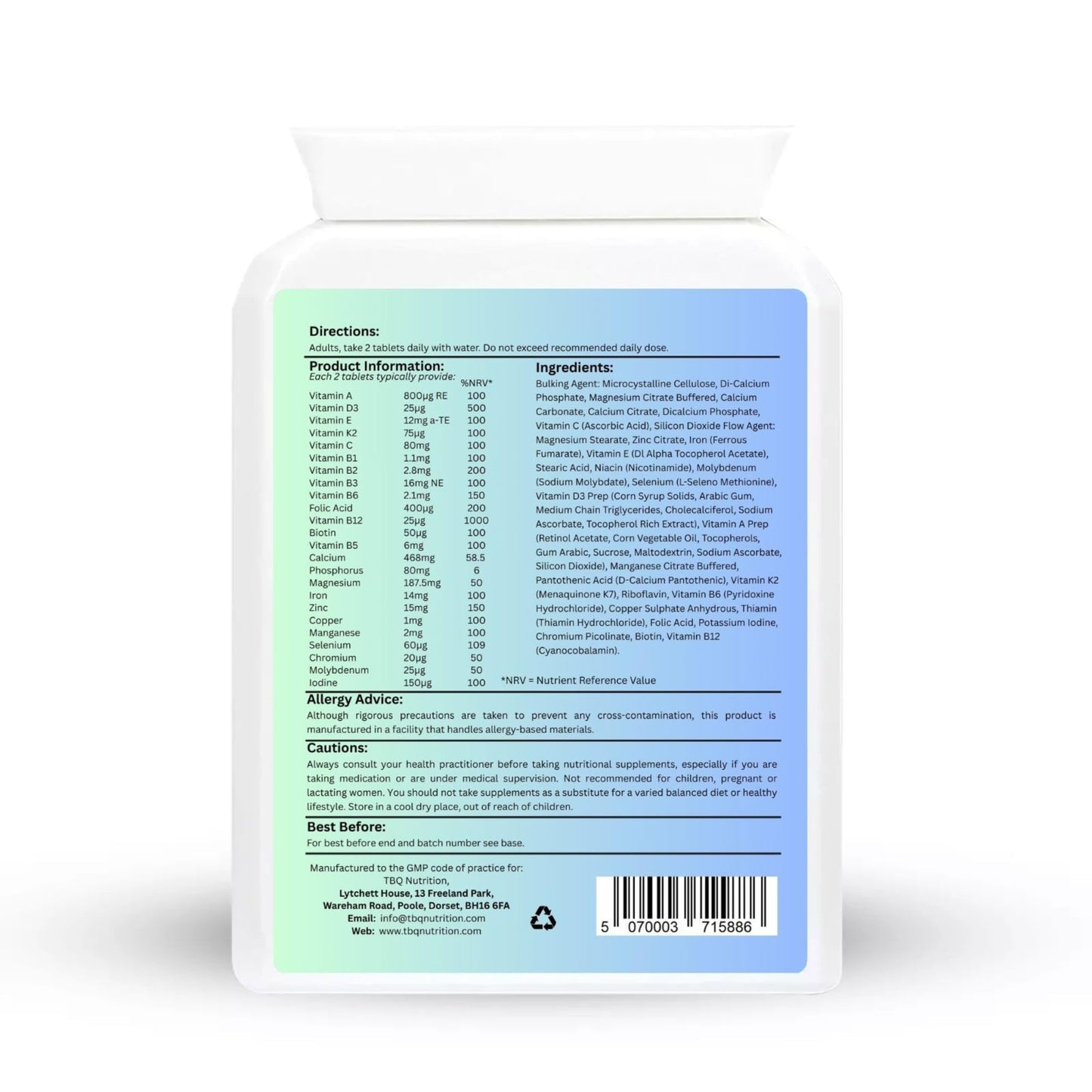 TBQ Nutrition Vegan Multivitamin & Mineral – 60 Tablets | High Strength Formula with Vitamin B12, Iron, Calcium, Zinc & Iodine | Daily Energy, Immunity & Wellness Support | Made in The UK