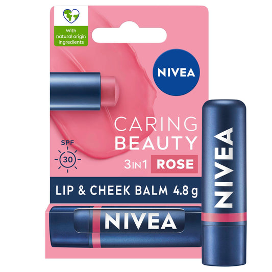 NIVEA Caring Beauty Rose Nude Lip Balm SPF30 (4.8g), 3-in-1 Buttery Lip and Cheek Tint, Rich Colour and 24H Moisturisation with SPF 30 Protection