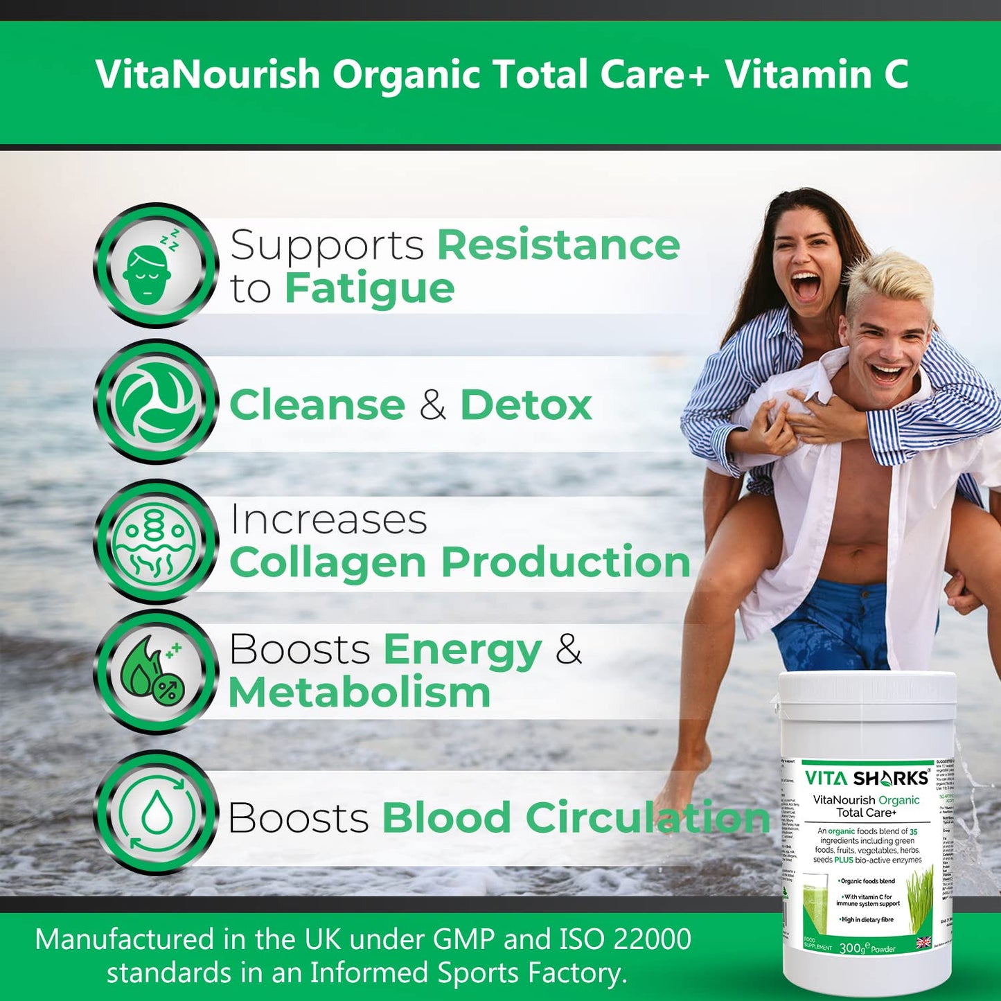 Vita Sharks VitaNourish Organic Total Care+ Vitamin C. 300g Complete Vegan Immune Boosting, Alkalising Nourishment Complex. Bio Active Enzymes for Absolute Detoxification & Digestion Support.
