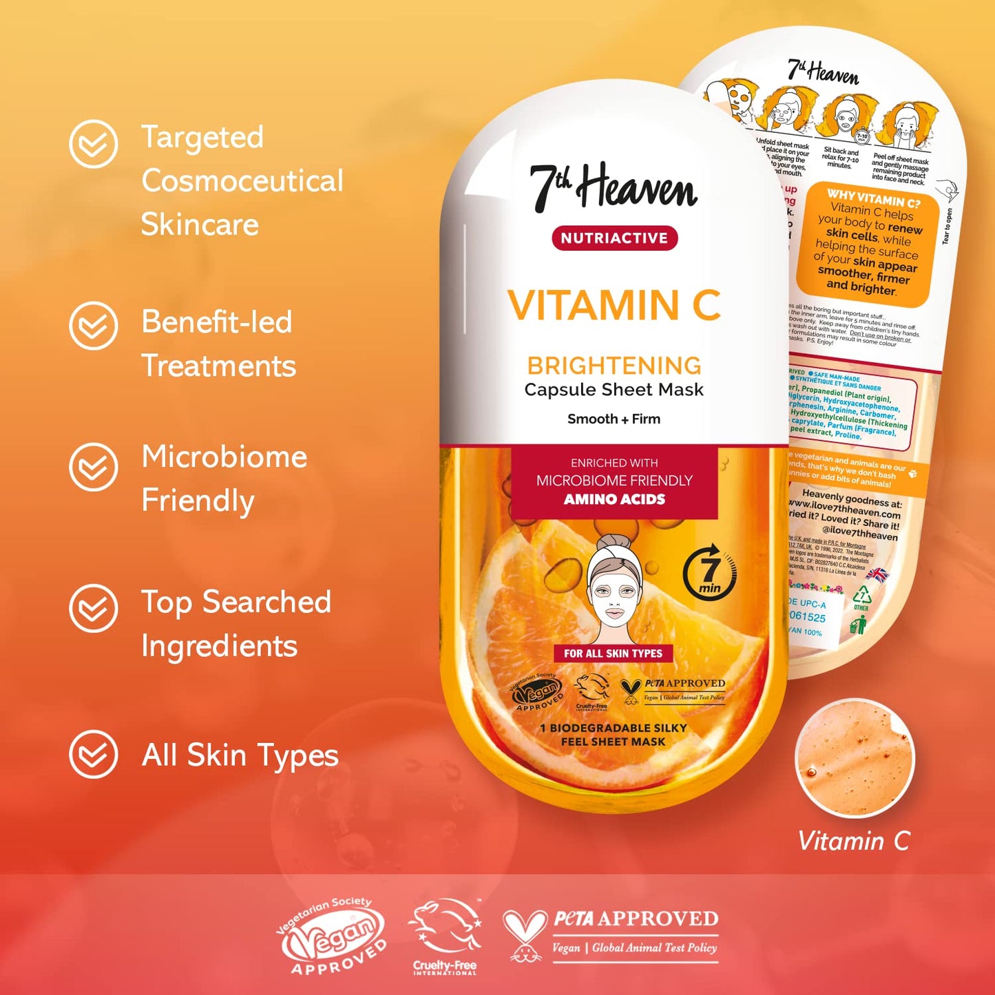 7th Heaven Nutriactive Skincare - 3 Face Sheet Masks - Hyaluronic Acid, Vitamin C and Retinol