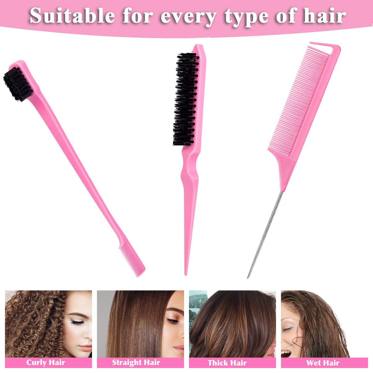 Pubiao Hair Brush Set 3 Piece, Boar Bristle Brush for Smoothing Frizz-Free, Edge Control Brush for Flyaways, Rat Tail Comb for Sectioning Teasing – Salon Styling Kit