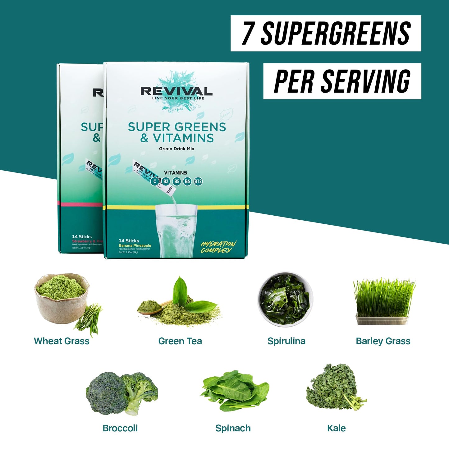 Revival Shots Revival Super Greens Powder with Electrolytes, Vitamins & Minerals - Superfood Drink Supplement - 28 Pack Banana Pineapple