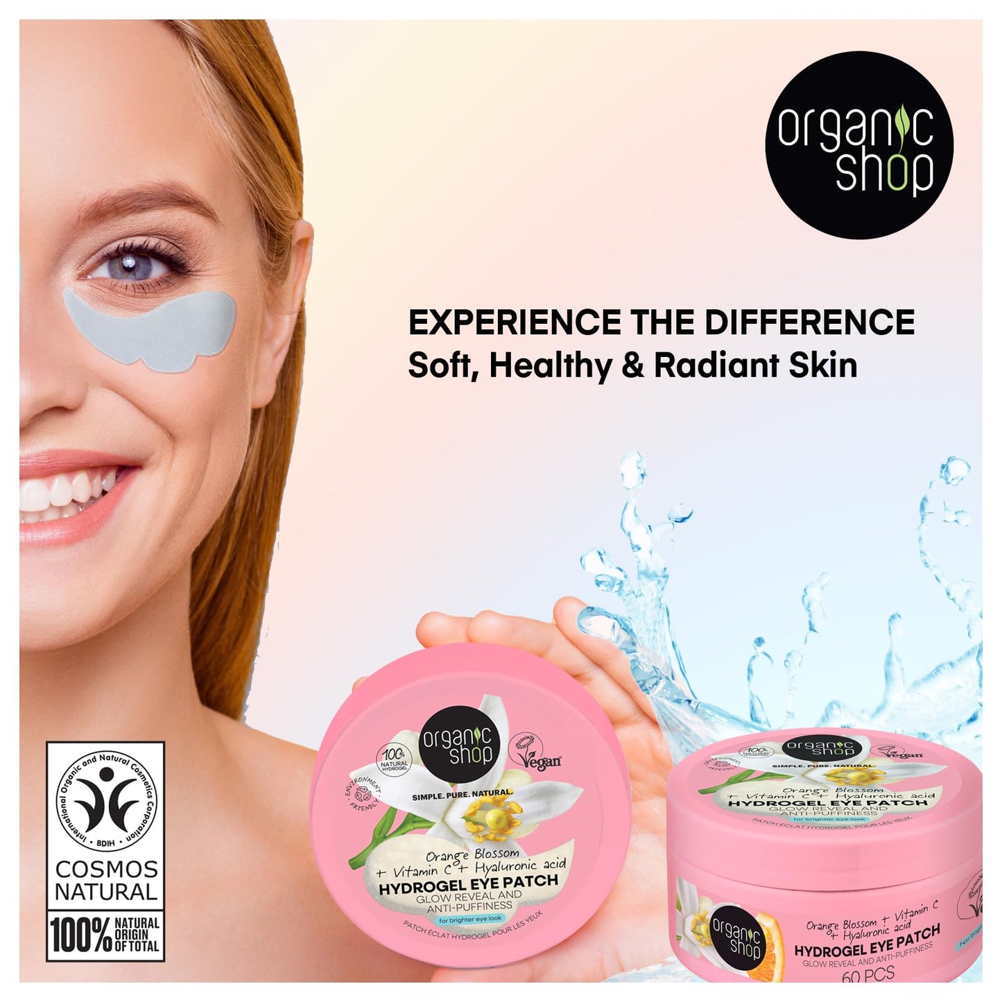 Organic Shop Hyaluronic Acid & Vitamin C Hydrogel Eye Patches for Dark Circles, Anti Puffiness, Deep Hydration, Fight Wrinkles & Fine Lines, Dark Spots, Texture Repair 100% Vegan & Organic. 60 Pcs