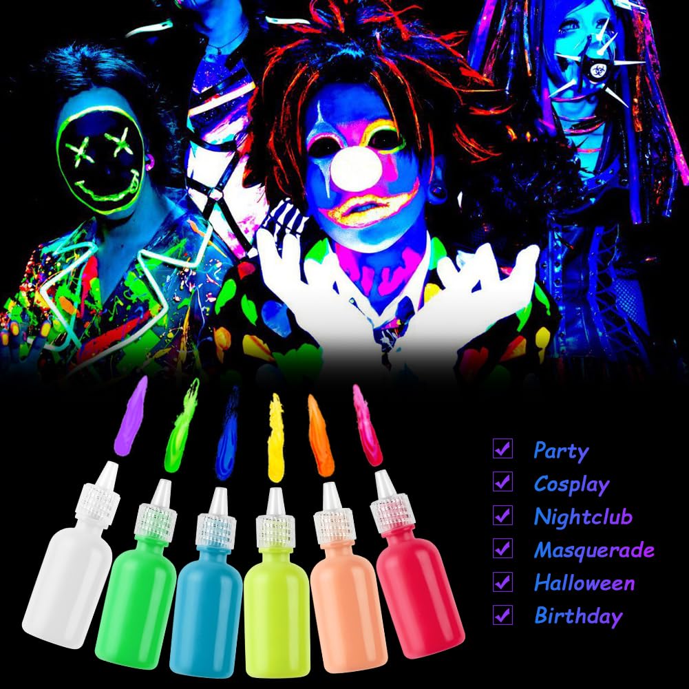 LOPHE UV Body Painting Set, 6 Pcs 30ML Ultraviolet Glow Face Paint with UV Lamp, UV Glowing Neon Liquid Face Painting, Non Toxic Face Body Paint for Carnival Halloween Cosplay Art Paint, Light Color