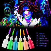LOPHE UV Body Painting Set, 6 Pcs 30ML Ultraviolet Glow Face Paint with UV Lamp, UV Glowing Neon Liquid Face Painting, Non Toxic Face Body Paint for Carnival Halloween Cosplay Art Paint, Light Color