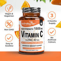 NUTRABYTES Nutrabytes High Strength 1,500mg Vitamin C & 40mg Zinc Supplement, 180 Capsules | Advanced Immune Support with Zinc, Rosehip & Citrus Bioflavonoids | 3 Months | Vegan Capsules | UK Made