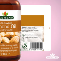 Natures Aid Sweet Almond Oil 150ml – 100% Pure Massage Aromatherapy Oil for Dry Sensitive or Irritated Skin – Vegan, Non-GMO, Gluten-Free – Hydrates, Soothes, Nourishes – Natural Skincare – Pack of 1
