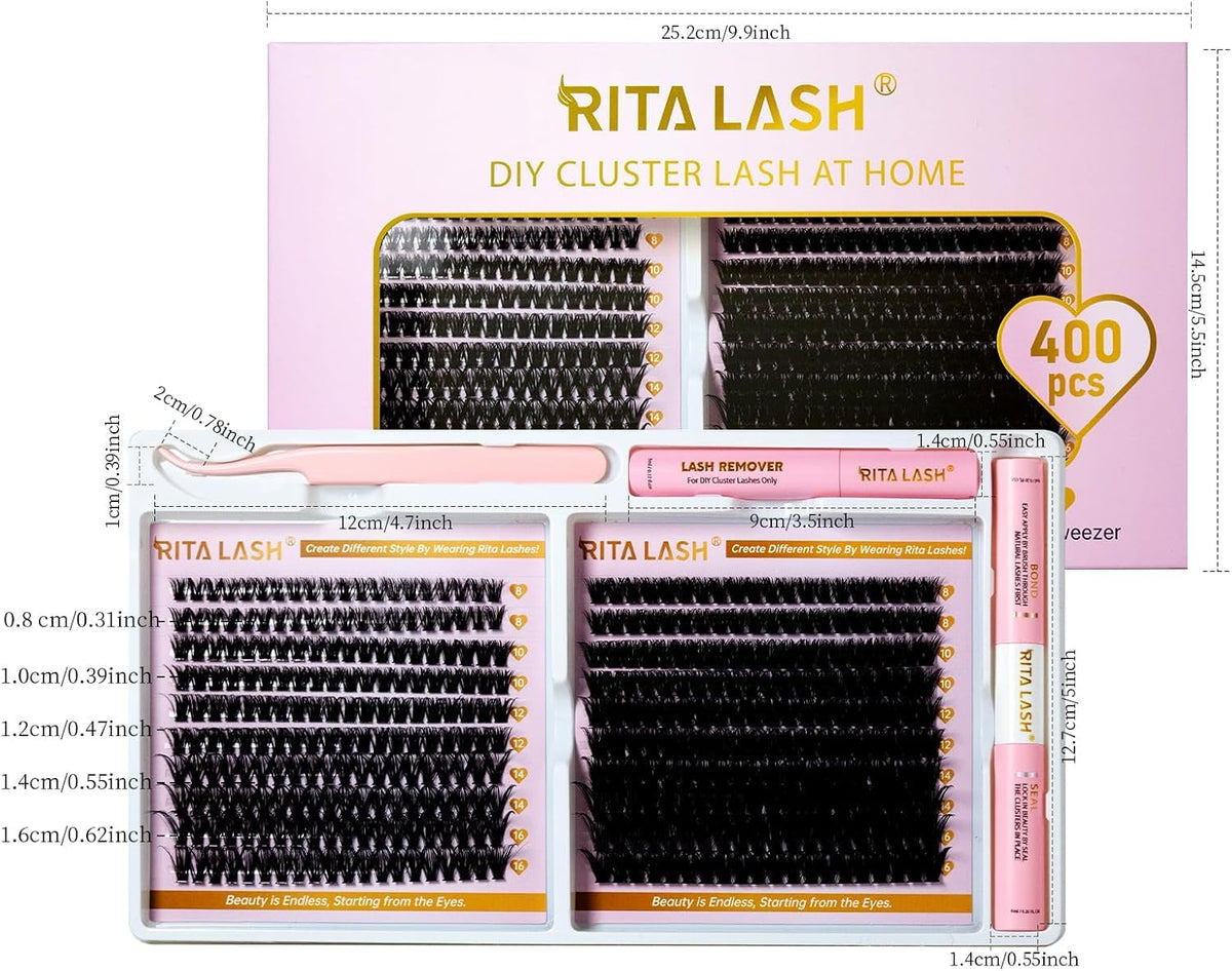 RITALASH Lash Extension Kit 400Pcs,DIY Lash Clusters Kit 8-16mm Cluster Lashes Fluffy Eyelash Clusters Lash Bond And Seal,Lash Remover,Tweezers For Clusters Eyelash Extensions(60D+100D Cluster Kit)